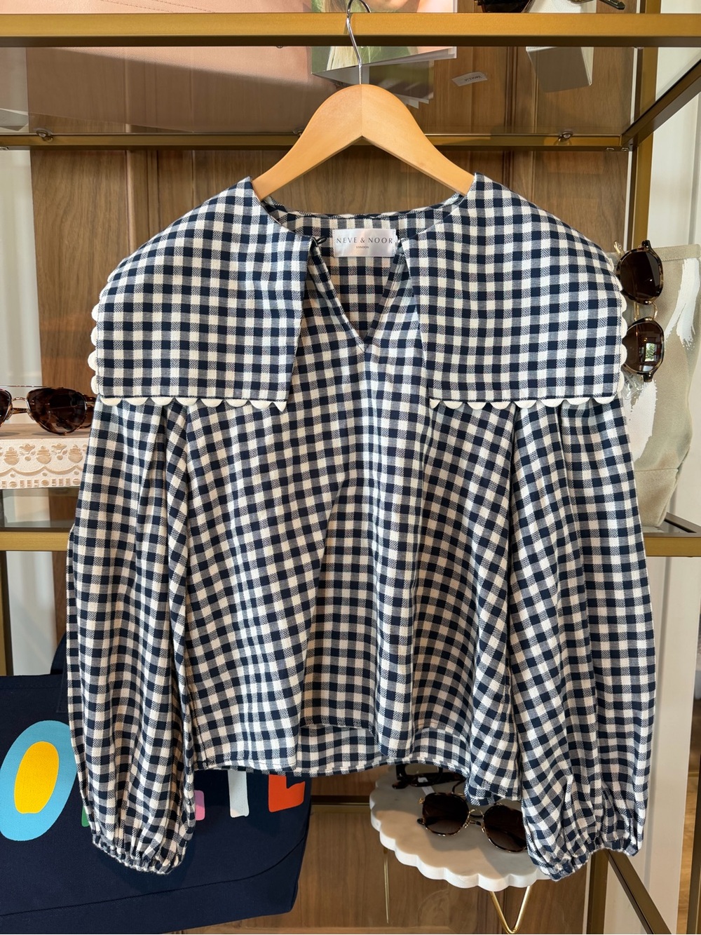 Neve & Noor Navy & White Gingham Scallop-Collar Blouse